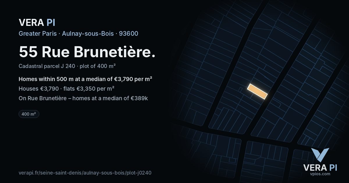 55 Rue Brunetière, Aulnay-sous-Bois at night – the plot lit, the parcels around coloured by the prices near them