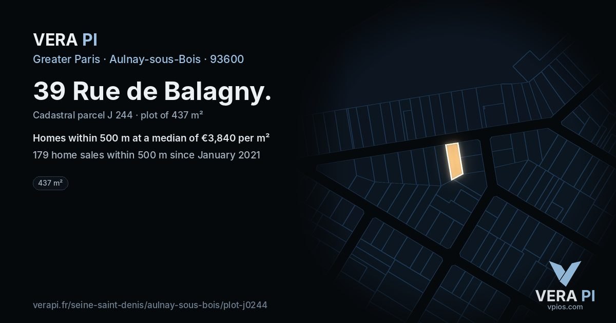39 Rue de Balagny, Aulnay-sous-Bois at night – the plot lit, the parcels around coloured by the prices near them