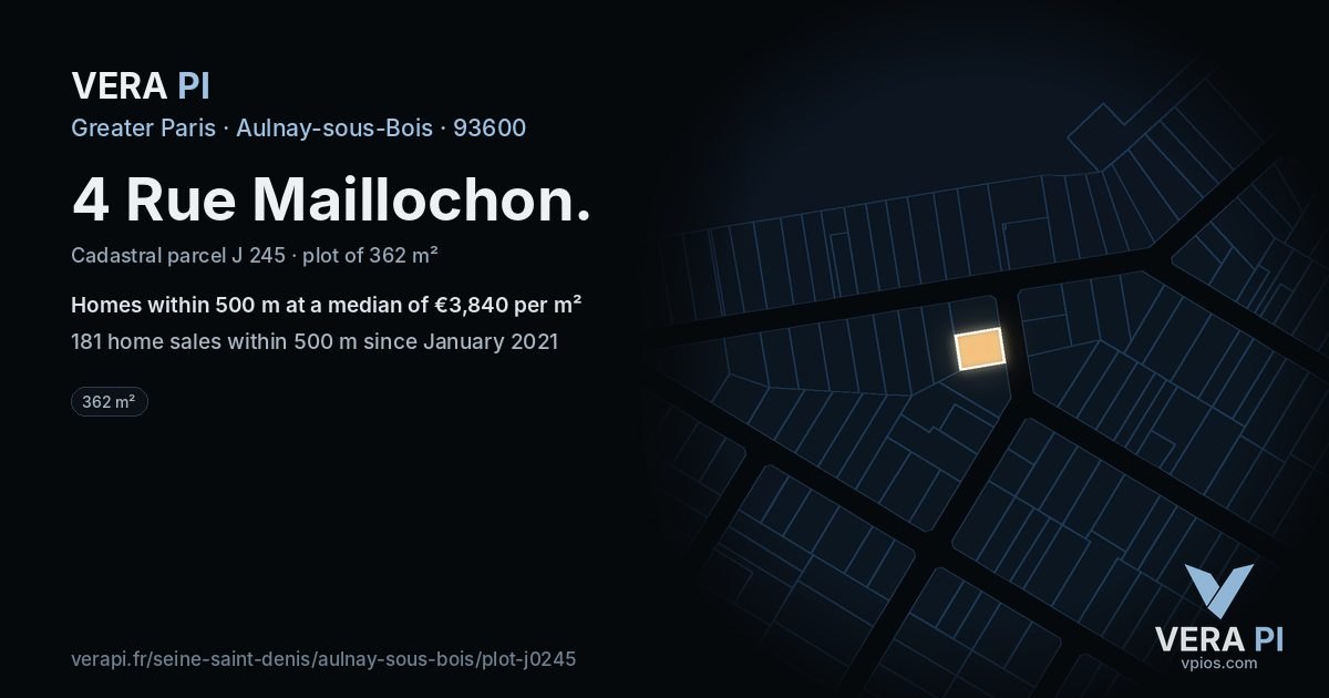 4 Rue Maillochon, Aulnay-sous-Bois at night – the plot lit, the parcels around coloured by the prices near them