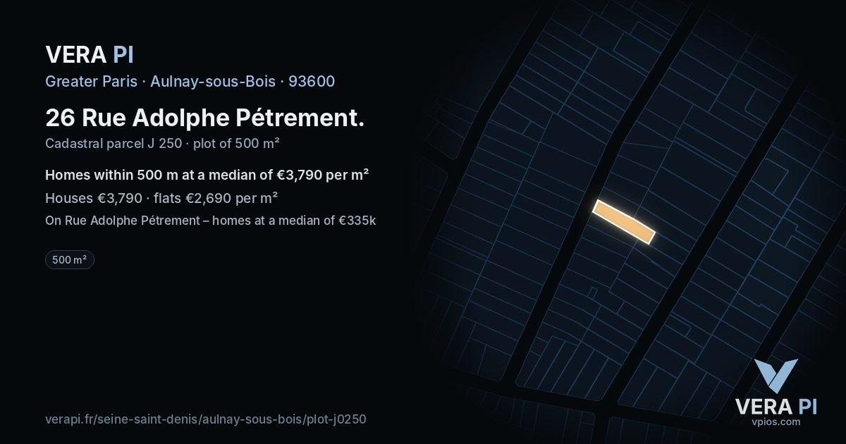 26 Rue Adolphe Pétrement, Aulnay-sous-Bois at night – the plot lit, the parcels around coloured by the prices near them