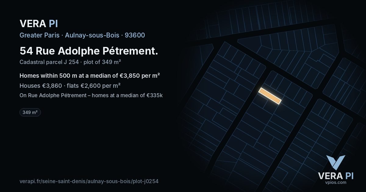 54 Rue Adolphe Pétrement, Aulnay-sous-Bois at night – the plot lit, the parcels around coloured by the prices near them