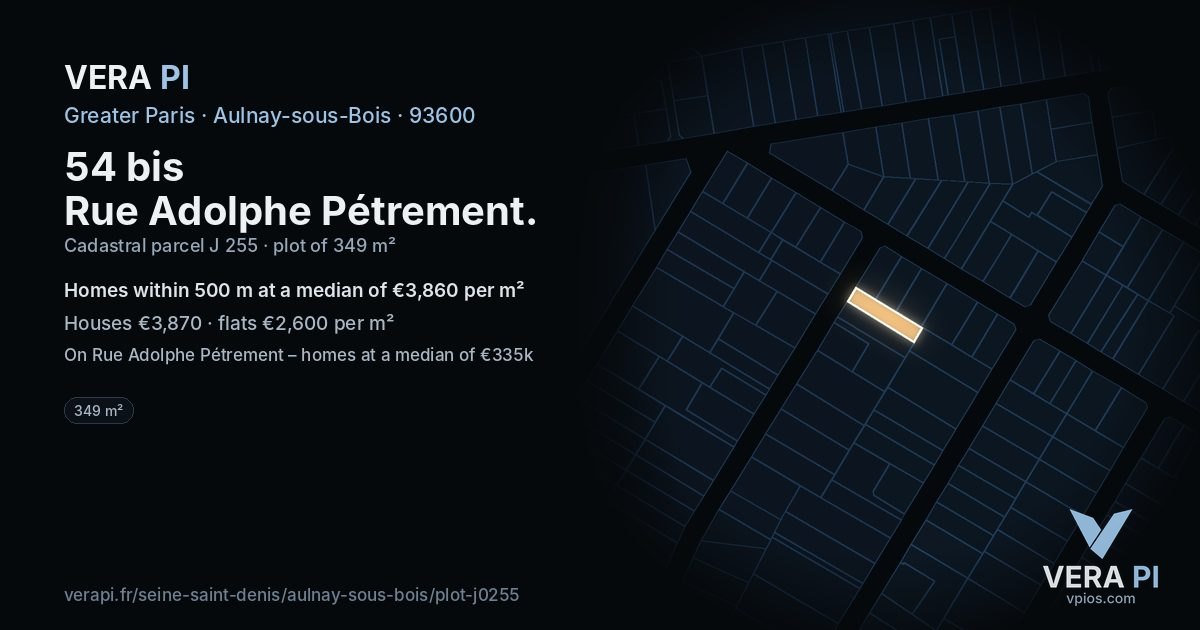 54 bis Rue Adolphe Pétrement, Aulnay-sous-Bois at night – the plot lit, the parcels around coloured by the prices near them