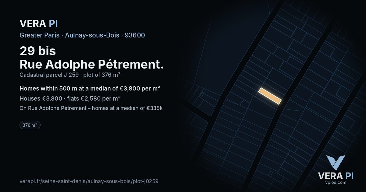 29 bis Rue Adolphe Pétrement, Aulnay-sous-Bois at night – the plot lit, the parcels around coloured by the prices near them