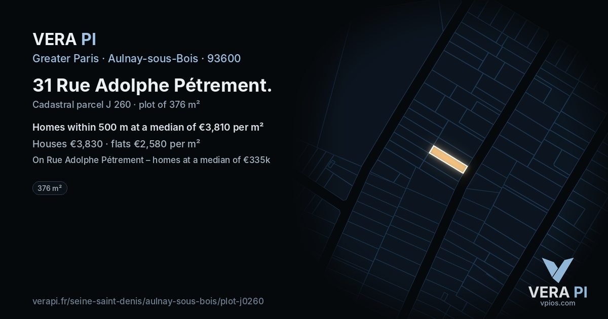 31 Rue Adolphe Pétrement, Aulnay-sous-Bois at night – the plot lit, the parcels around coloured by the prices near them