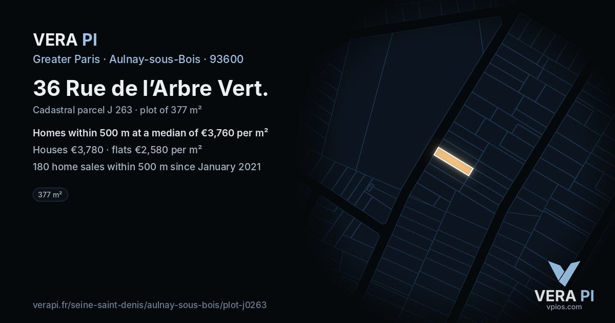 36 Rue de l’Arbre Vert, Aulnay-sous-Bois at night – the plot lit, the parcels around coloured by the prices near them