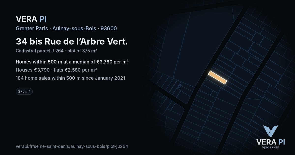 34 bis Rue de l’Arbre Vert, Aulnay-sous-Bois at night – the plot lit, the parcels around coloured by the prices near them
