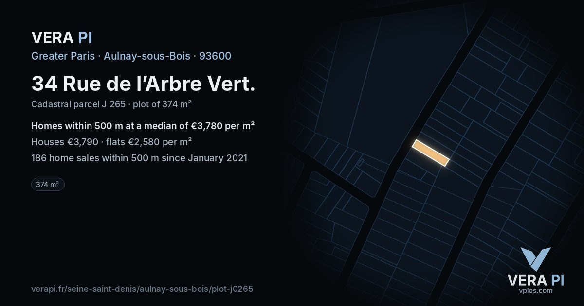 34 Rue de l’Arbre Vert, Aulnay-sous-Bois at night – the plot lit, the parcels around coloured by the prices near them