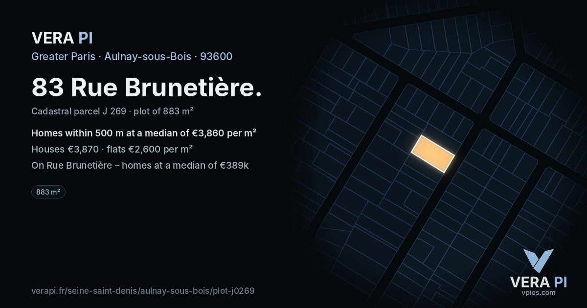 83 Rue Brunetière, Aulnay-sous-Bois at night – the plot lit, the parcels around coloured by the prices near them