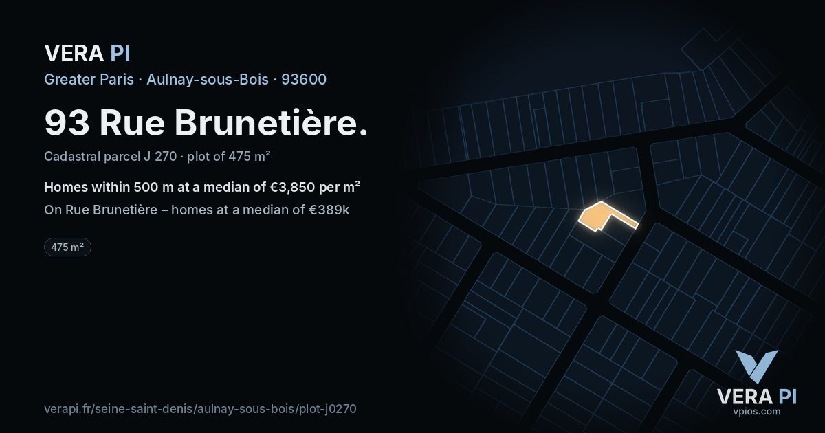 93 Rue Brunetière, Aulnay-sous-Bois at night – the plot lit, the parcels around coloured by the prices near them