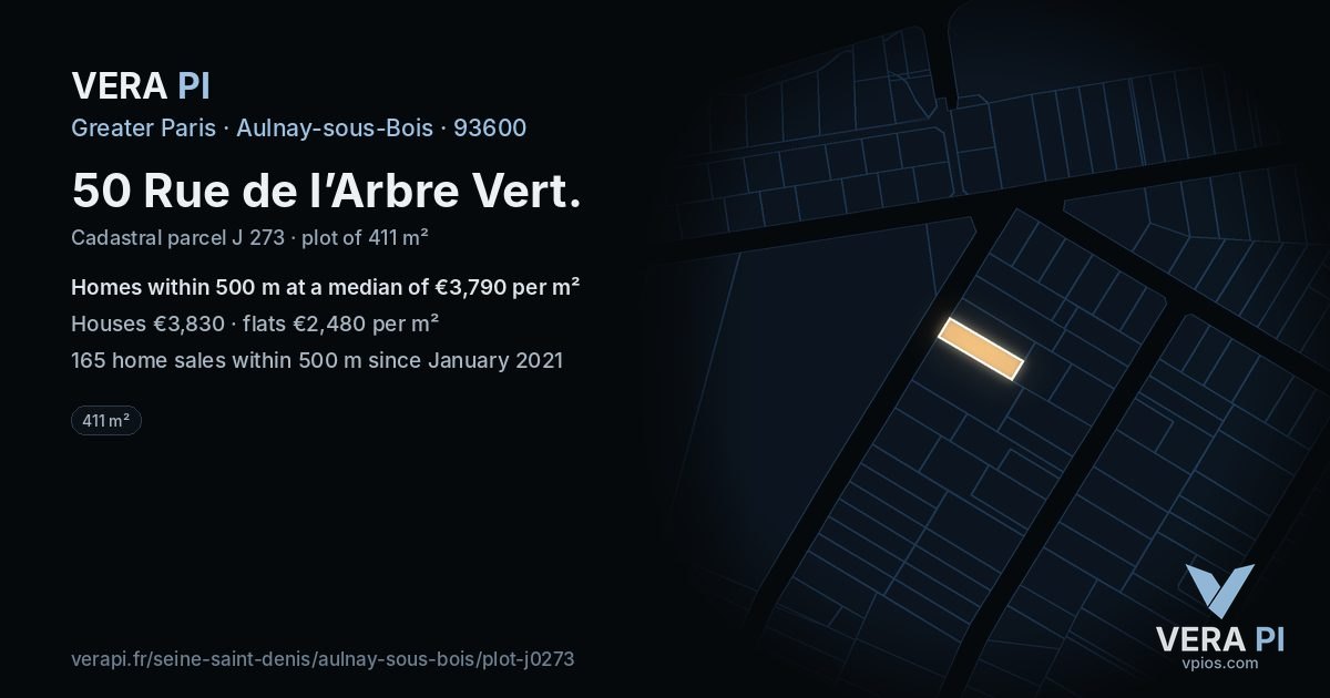 50 Rue de l’Arbre Vert, Aulnay-sous-Bois at night – the plot lit, the parcels around coloured by the prices near them