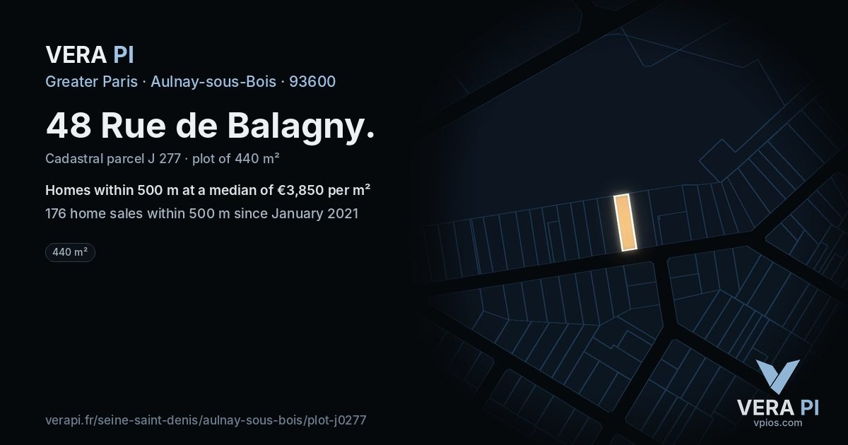 48 Rue de Balagny, Aulnay-sous-Bois at night – the plot lit, the parcels around coloured by the prices near them