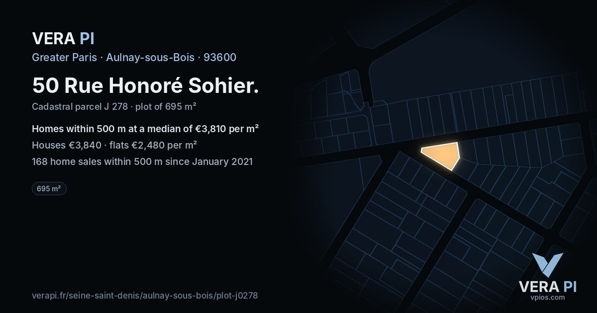 50 Rue Honoré Sohier, Aulnay-sous-Bois at night – the plot lit, the parcels around coloured by the prices near them