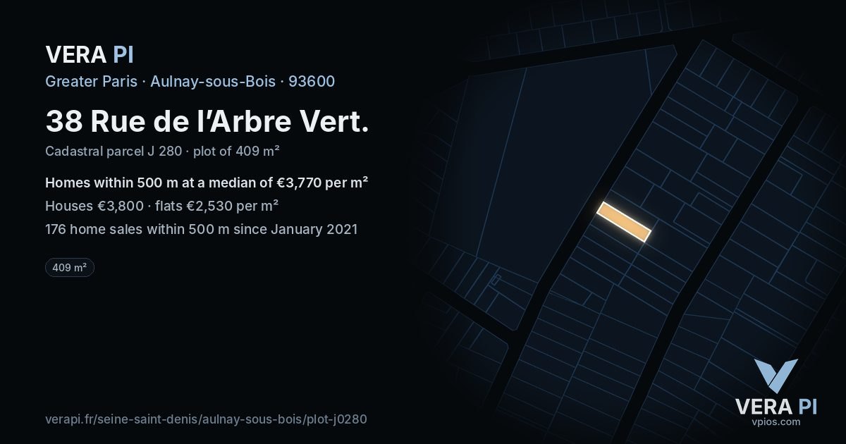 38 Rue de l’Arbre Vert, Aulnay-sous-Bois at night – the plot lit, the parcels around coloured by the prices near them