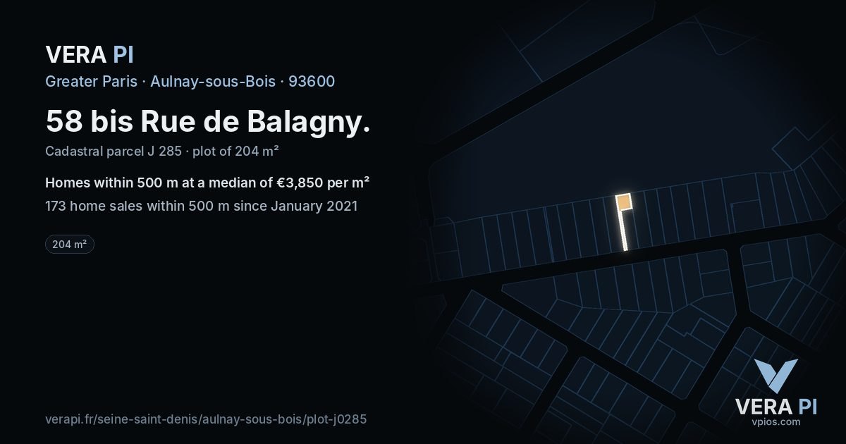 58 bis Rue de Balagny, Aulnay-sous-Bois at night – the plot lit, the parcels around coloured by the prices near them