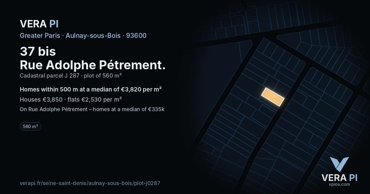 37 bis Rue Adolphe Pétrement, Aulnay-sous-Bois at night – the plot lit, the parcels around coloured by the prices near them