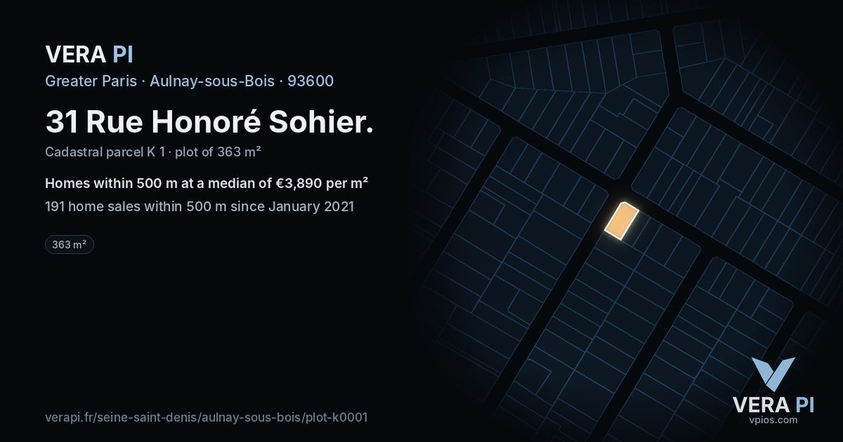 31 Rue Honoré Sohier, Aulnay-sous-Bois at night – the plot lit, the parcels around coloured by the prices near them