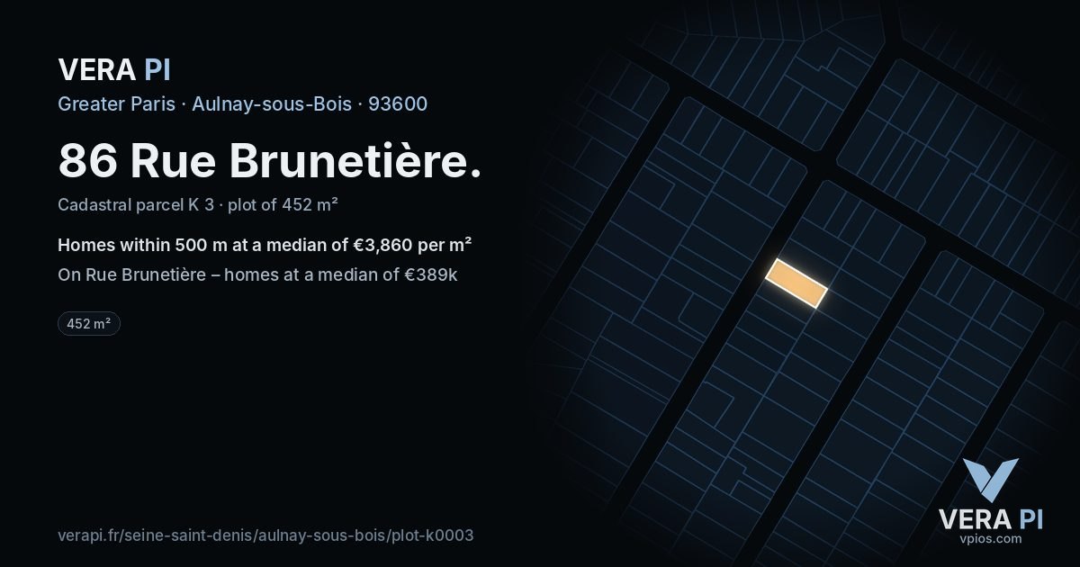 86 Rue Brunetière, Aulnay-sous-Bois at night – the plot lit, the parcels around coloured by the prices near them