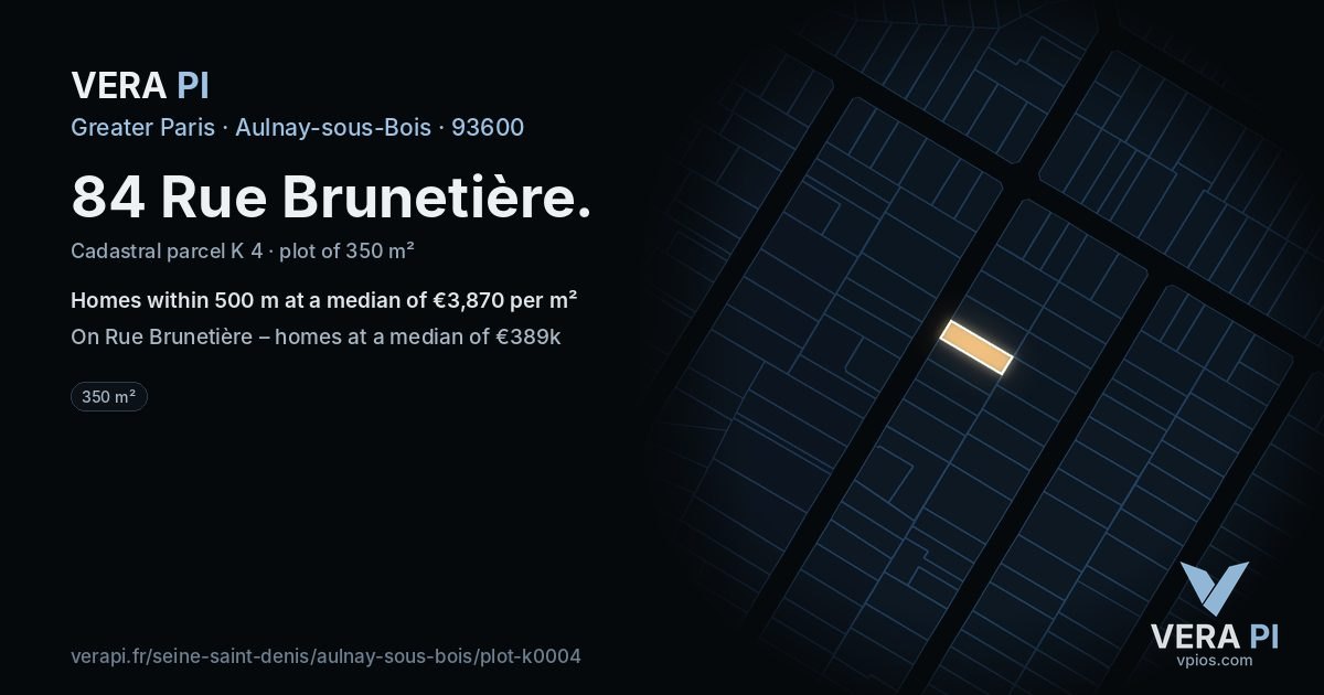 84 Rue Brunetière, Aulnay-sous-Bois at night – the plot lit, the parcels around coloured by the prices near them