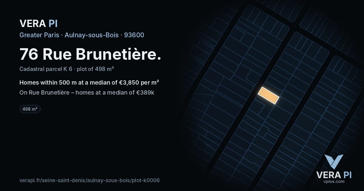 76 Rue Brunetière, Aulnay-sous-Bois at night – the plot lit, the parcels around coloured by the prices near them