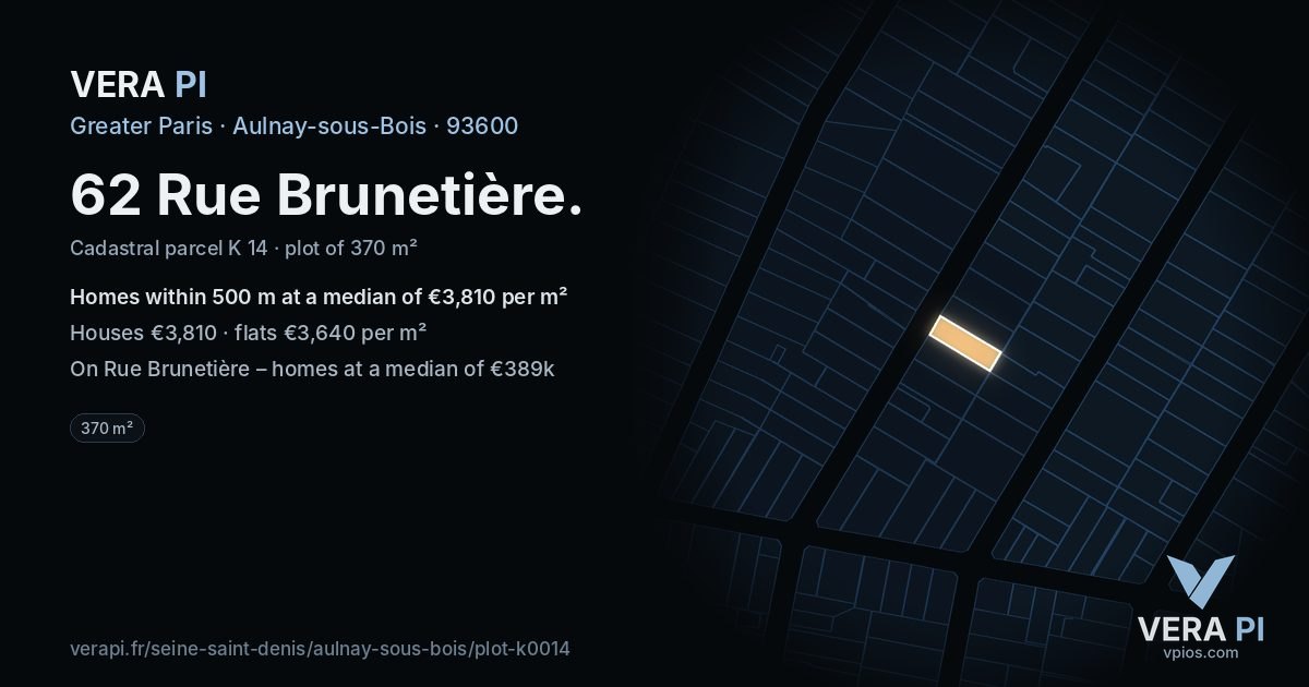 62 Rue Brunetière, Aulnay-sous-Bois at night – the plot lit, the parcels around coloured by the prices near them