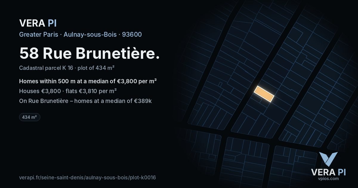 58 Rue Brunetière, Aulnay-sous-Bois at night – the plot lit, the parcels around coloured by the prices near them