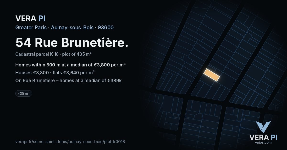 54 Rue Brunetière, Aulnay-sous-Bois at night – the plot lit, the parcels around coloured by the prices near them