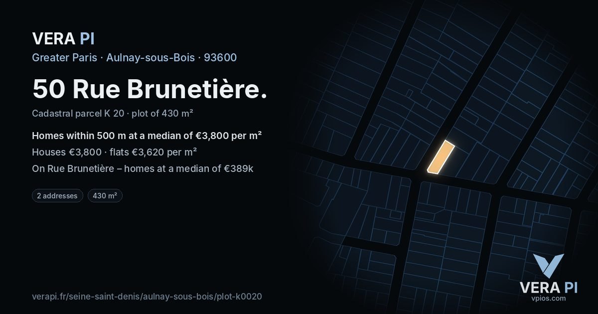 50 Rue Brunetière, Aulnay-sous-Bois at night – the plot lit, the parcels around coloured by the prices near them