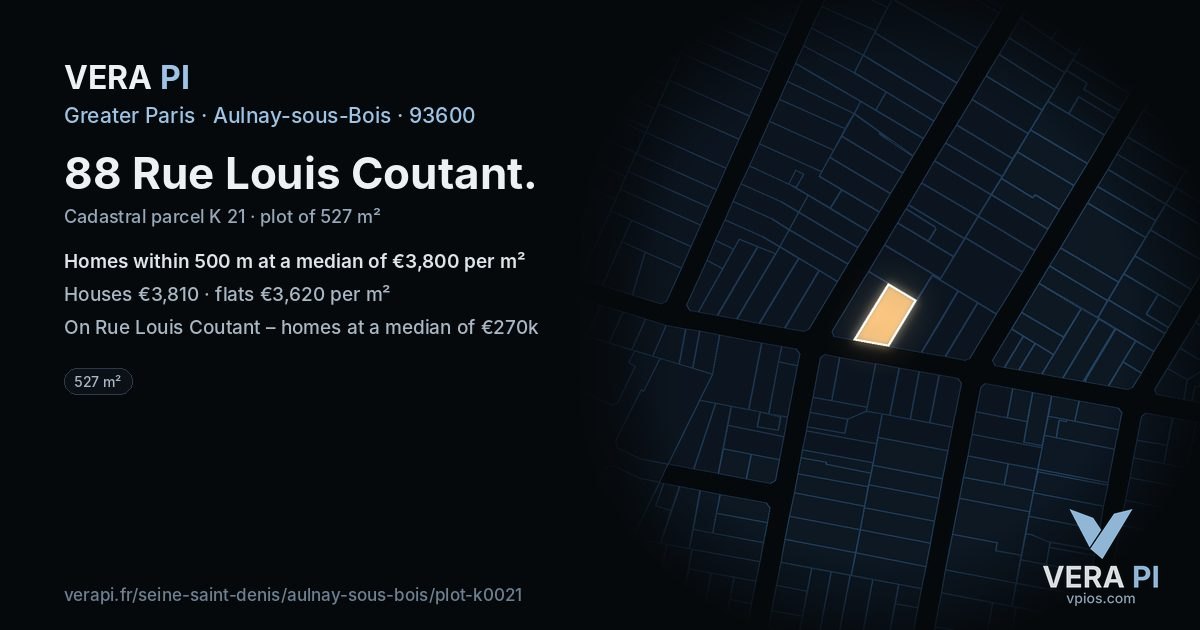 88 Rue Louis Coutant, Aulnay-sous-Bois at night – the plot lit, the parcels around coloured by the prices near them