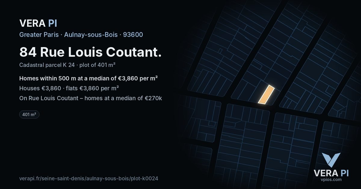 84 Rue Louis Coutant, Aulnay-sous-Bois at night – the plot lit, the parcels around coloured by the prices near them