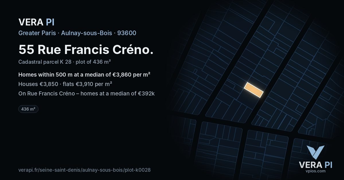 55 Rue Francis Créno, Aulnay-sous-Bois at night – the plot lit, the parcels around coloured by the prices near them