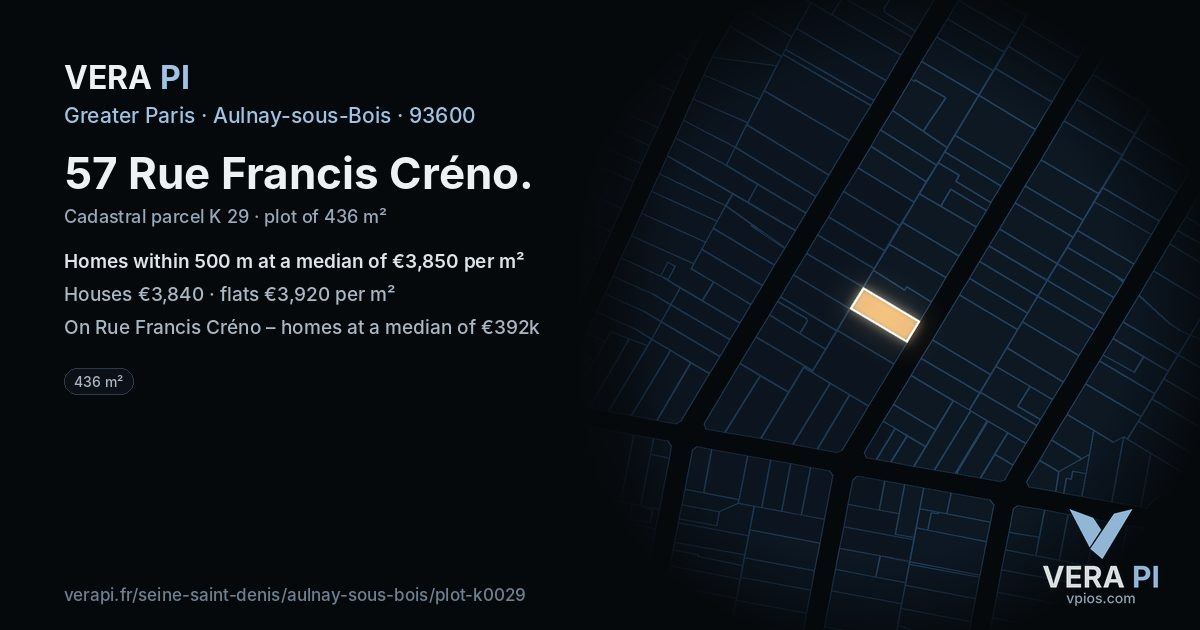 57 Rue Francis Créno, Aulnay-sous-Bois at night – the plot lit, the parcels around coloured by the prices near them