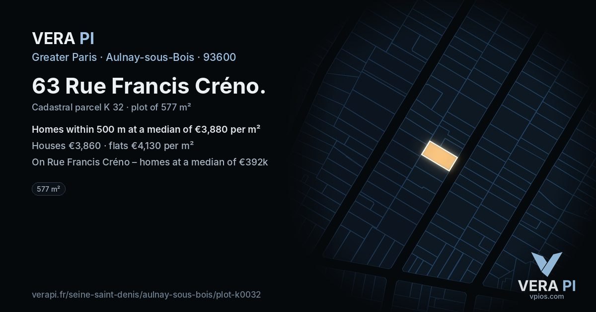 63 Rue Francis Créno, Aulnay-sous-Bois at night – the plot lit, the parcels around coloured by the prices near them