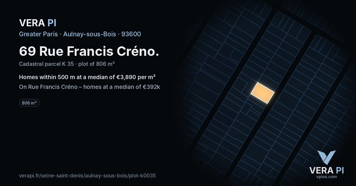 69 Rue Francis Créno, Aulnay-sous-Bois at night – the plot lit, the parcels around coloured by the prices near them