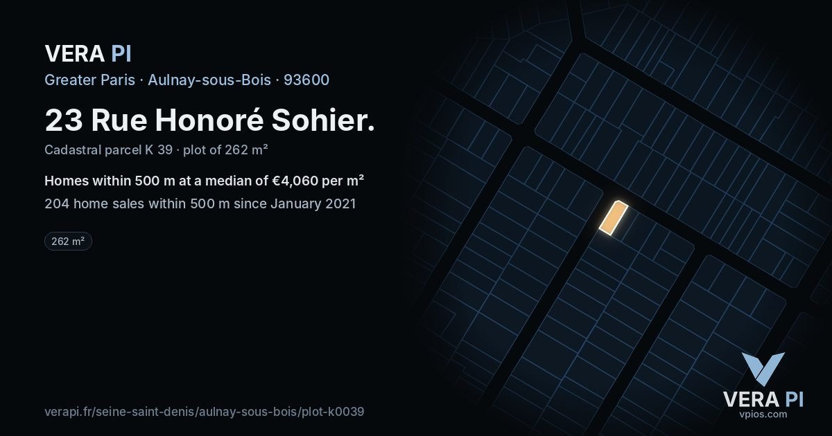 23 Rue Honoré Sohier, Aulnay-sous-Bois at night – the plot lit, the parcels around coloured by the prices near them