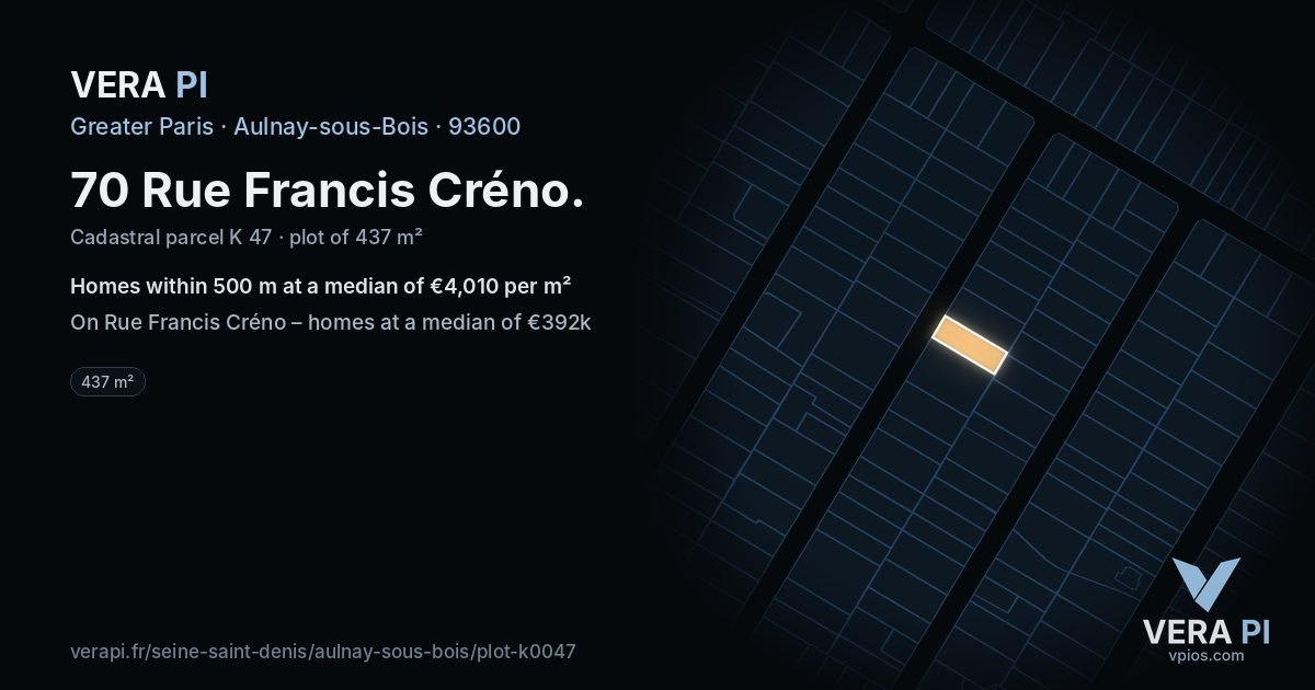 70 Rue Francis Créno, Aulnay-sous-Bois at night – the plot lit, the parcels around coloured by the prices near them