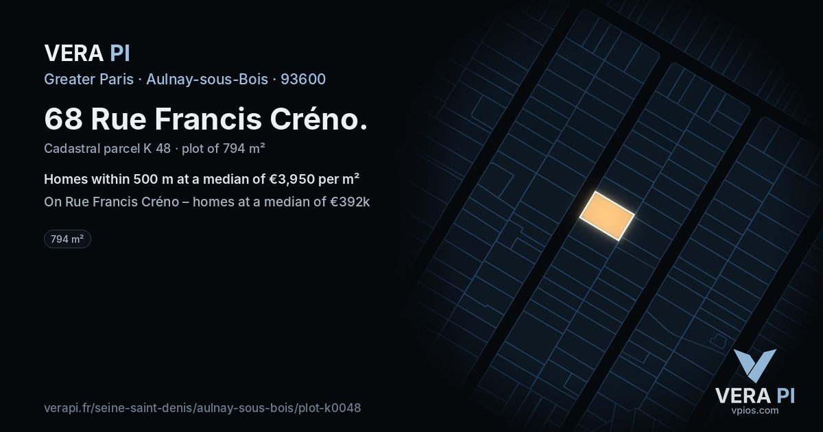 68 Rue Francis Créno, Aulnay-sous-Bois at night – the plot lit, the parcels around coloured by the prices near them