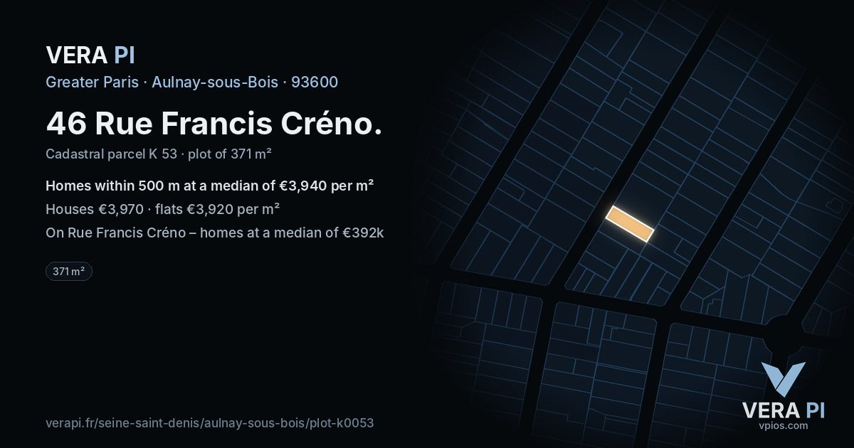 46 Rue Francis Créno, Aulnay-sous-Bois at night – the plot lit, the parcels around coloured by the prices near them