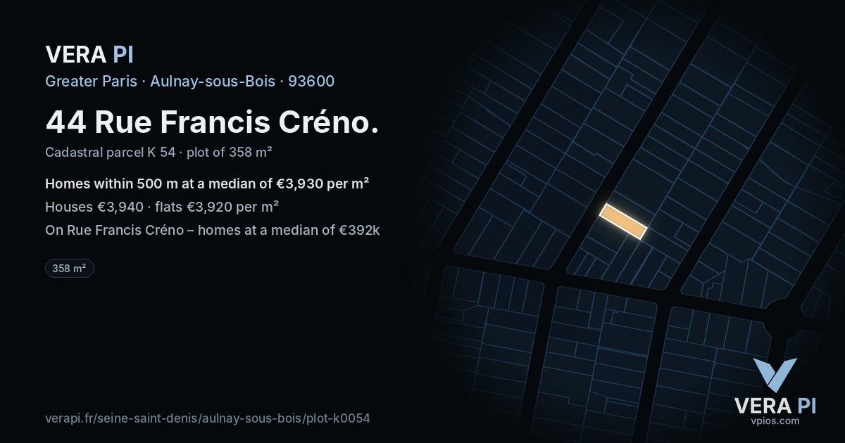 44 Rue Francis Créno, Aulnay-sous-Bois at night – the plot lit, the parcels around coloured by the prices near them