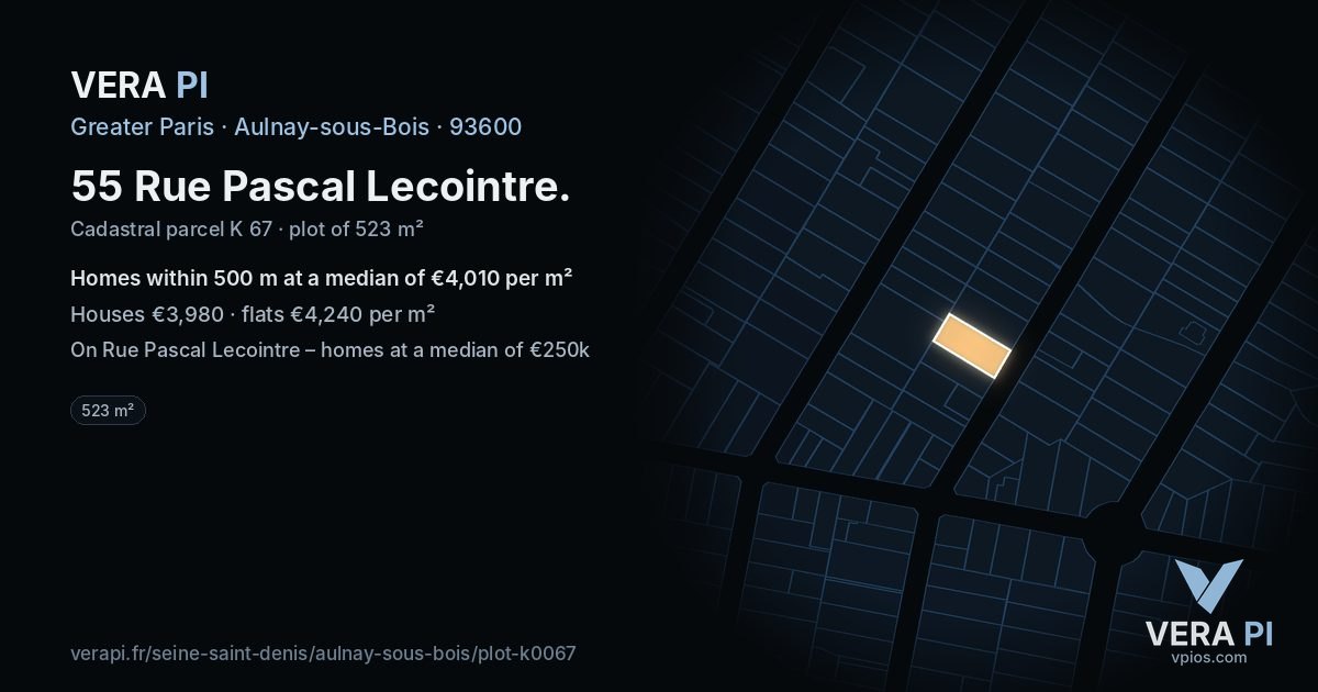 55 Rue Pascal Lecointre, Aulnay-sous-Bois at night – the plot lit, the parcels around coloured by the prices near them