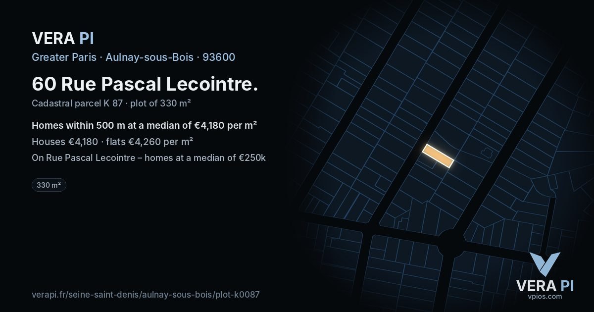 60 Rue Pascal Lecointre, Aulnay-sous-Bois at night – the plot lit, the parcels around coloured by the prices near them