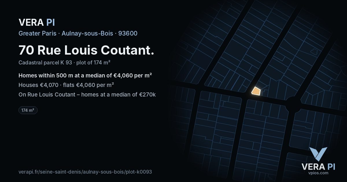 70 Rue Louis Coutant, Aulnay-sous-Bois at night – the plot lit, the parcels around coloured by the prices near them