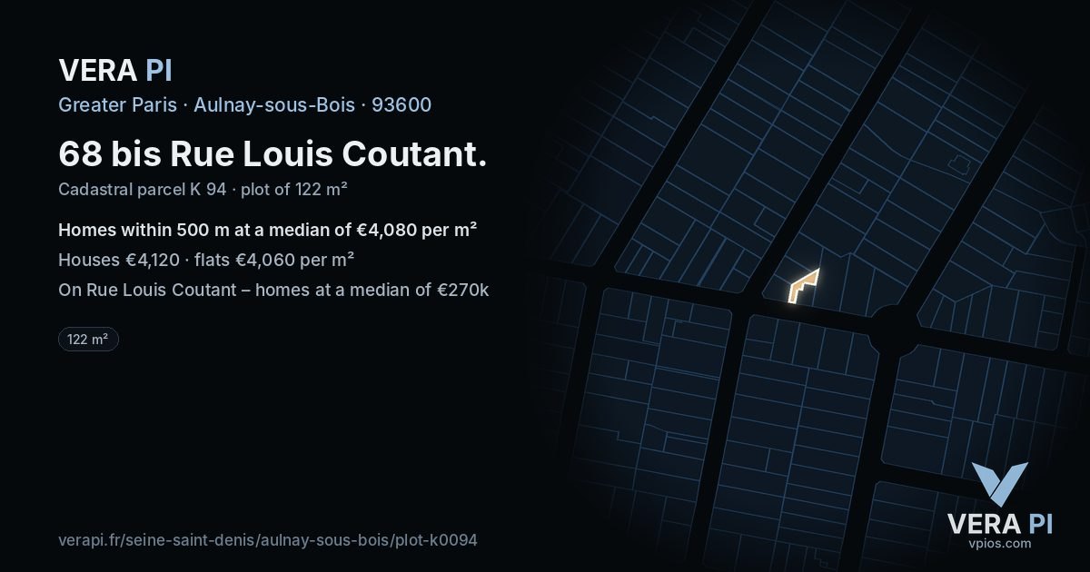 68 bis Rue Louis Coutant, Aulnay-sous-Bois at night – the plot lit, the parcels around coloured by the prices near them