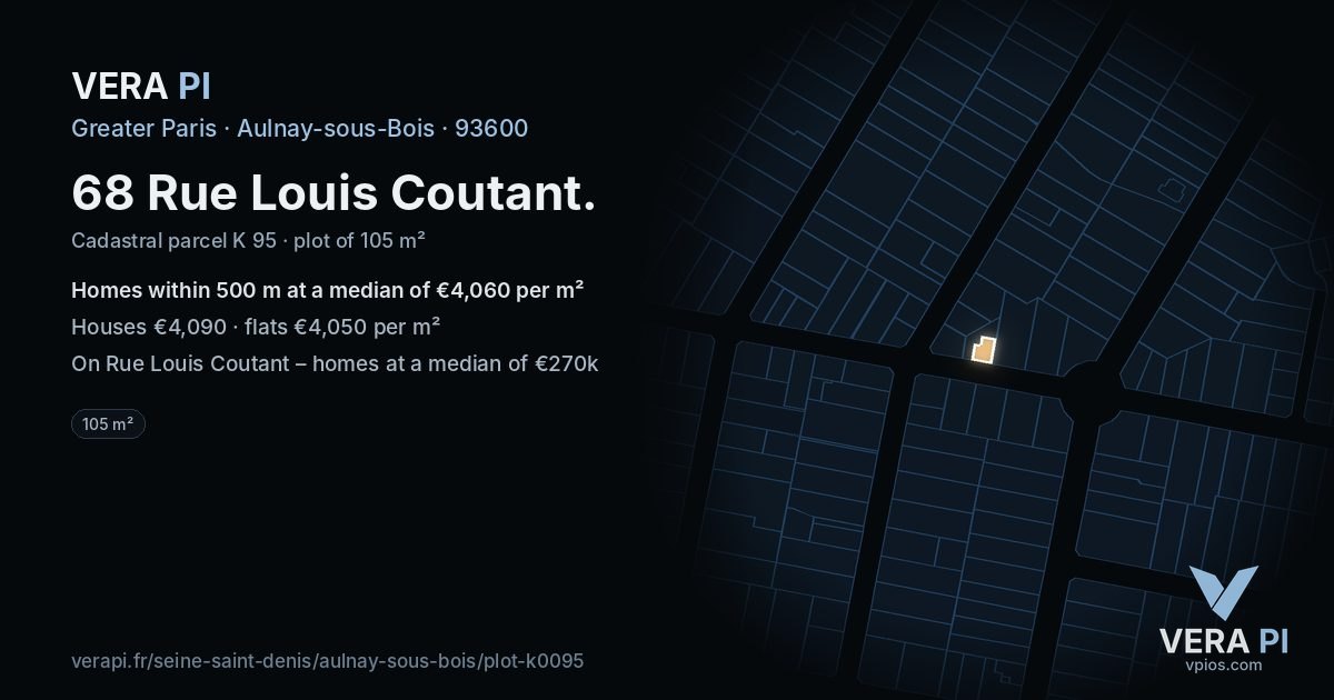 68 Rue Louis Coutant, Aulnay-sous-Bois at night – the plot lit, the parcels around coloured by the prices near them