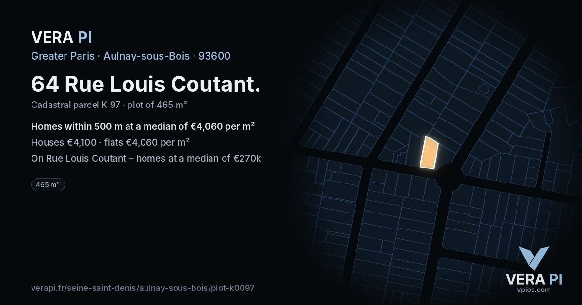 64 Rue Louis Coutant, Aulnay-sous-Bois at night – the plot lit, the parcels around coloured by the prices near them