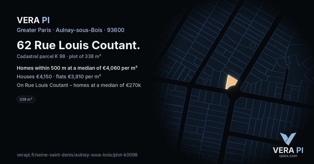 62 Rue Louis Coutant, Aulnay-sous-Bois at night – the plot lit, the parcels around coloured by the prices near them