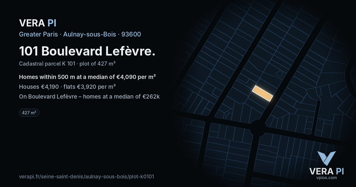 101 Boulevard Lefèvre, Aulnay-sous-Bois at night – the plot lit, the parcels around coloured by the prices near them