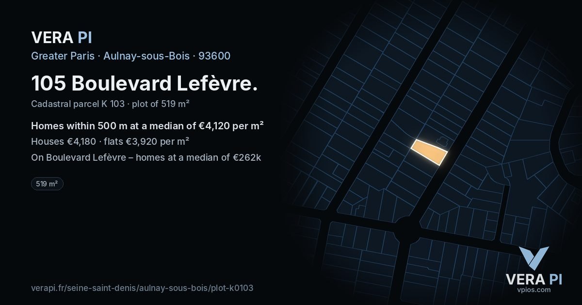105 Boulevard Lefèvre, Aulnay-sous-Bois at night – the plot lit, the parcels around coloured by the prices near them