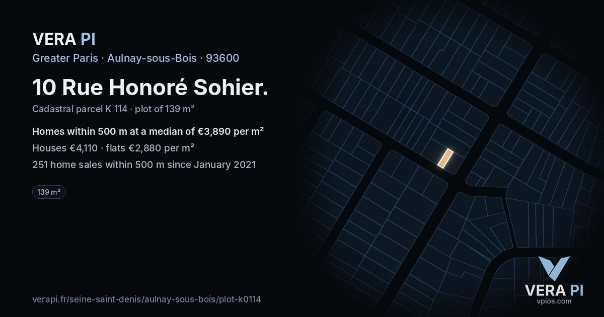 10 Rue Honoré Sohier, Aulnay-sous-Bois at night – the plot lit, the parcels around coloured by the prices near them