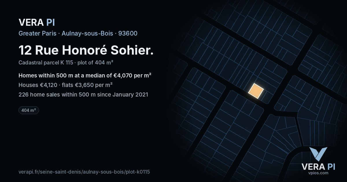 12 Rue Honoré Sohier, Aulnay-sous-Bois at night – the plot lit, the parcels around coloured by the prices near them