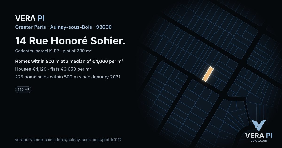 14 Rue Honoré Sohier, Aulnay-sous-Bois at night – the plot lit, the parcels around coloured by the prices near them